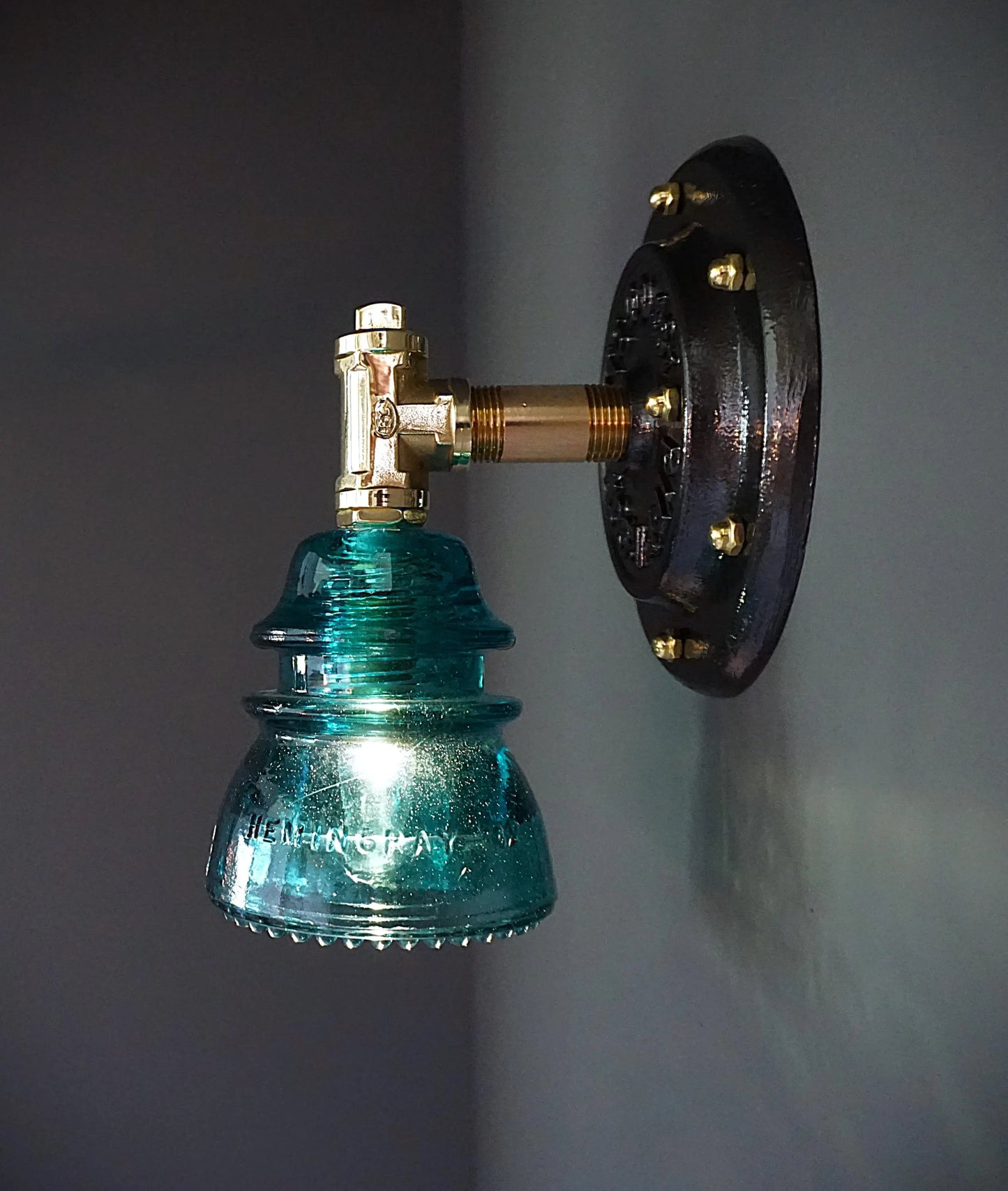 Industrial Brass Aqua Insulator Wall Sconce - R.V.HARGRAVE