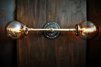 Industrial Brass Edison Wall Light/Vanity Light - R.V.HARGRAVE    # # Edison bulb brass industrial lighting. Polished brass pipe lighting with smoke globe